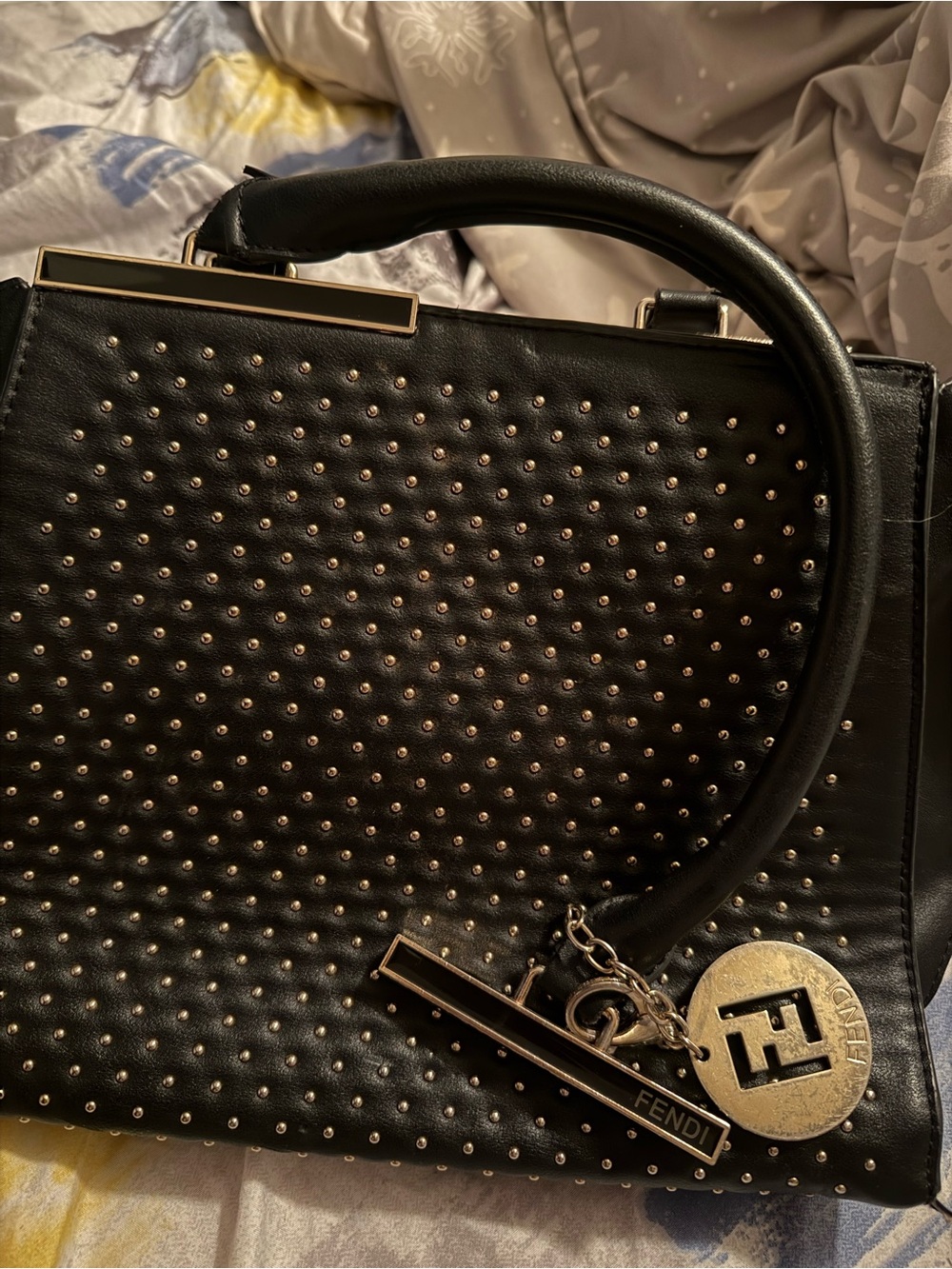 Fendi Black Leather Studded Tote with Gold Charm - Picture 11 of 11